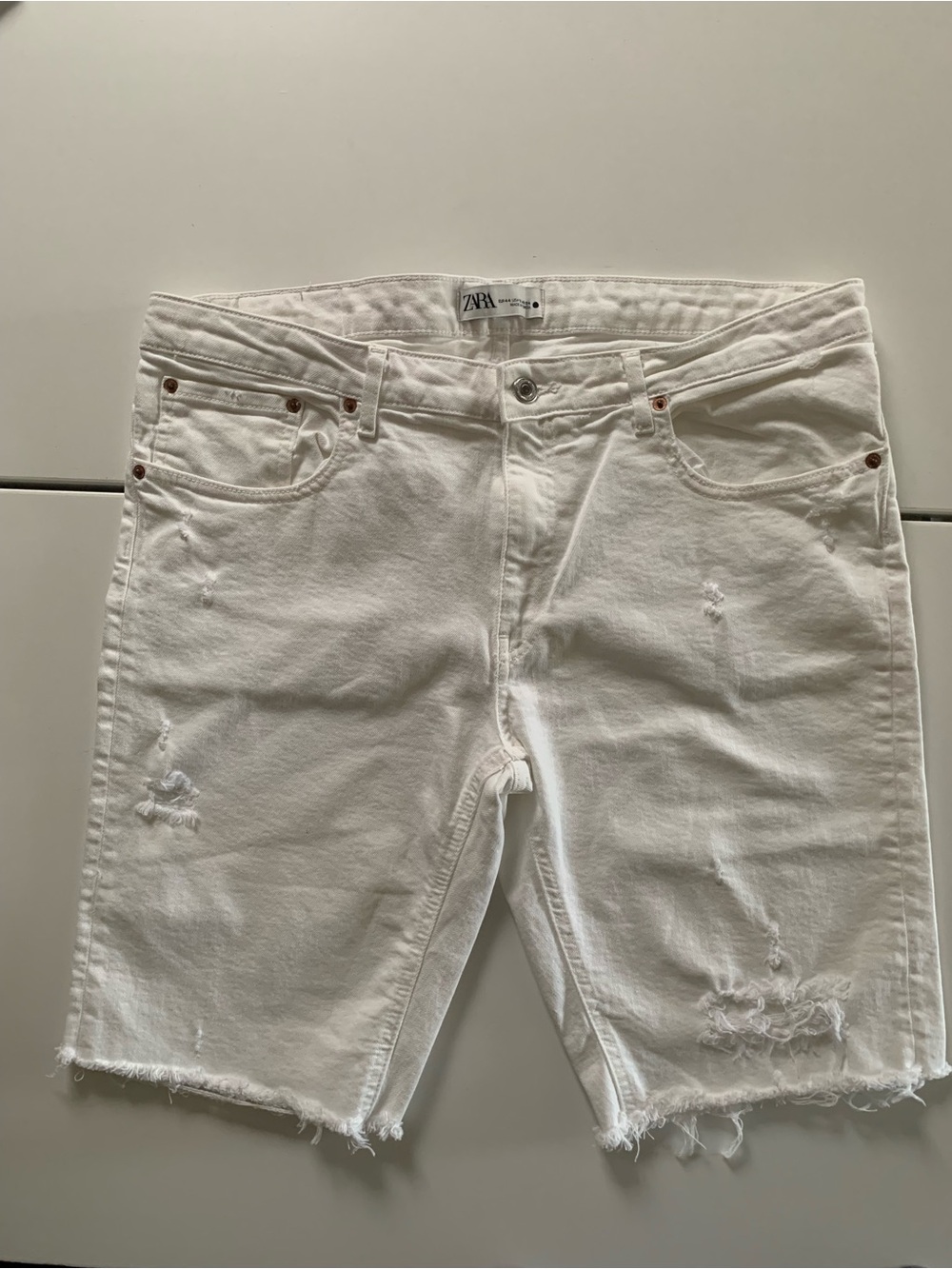 #62 ZARA White Distressed Denim Bermuda Shorts